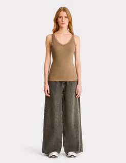 Geribbelde tanktop met kant - kaki