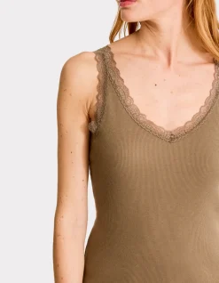 Geribbelde tanktop met kant - kaki