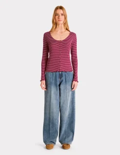 Gestreept geribbeld T-shirt - rood