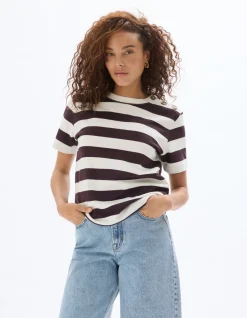 Gestreept T-shirt met knopen - bruin