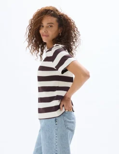 Gestreept T-shirt met knopen - bruin