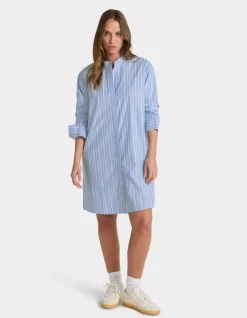 Gestreepte jurk met mandarijnkraag - marineblauw