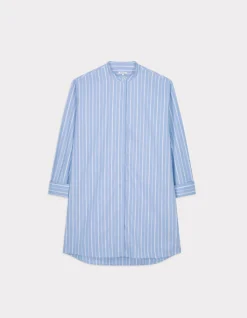 Gestreepte jurk met mandarijnkraag - marineblauw