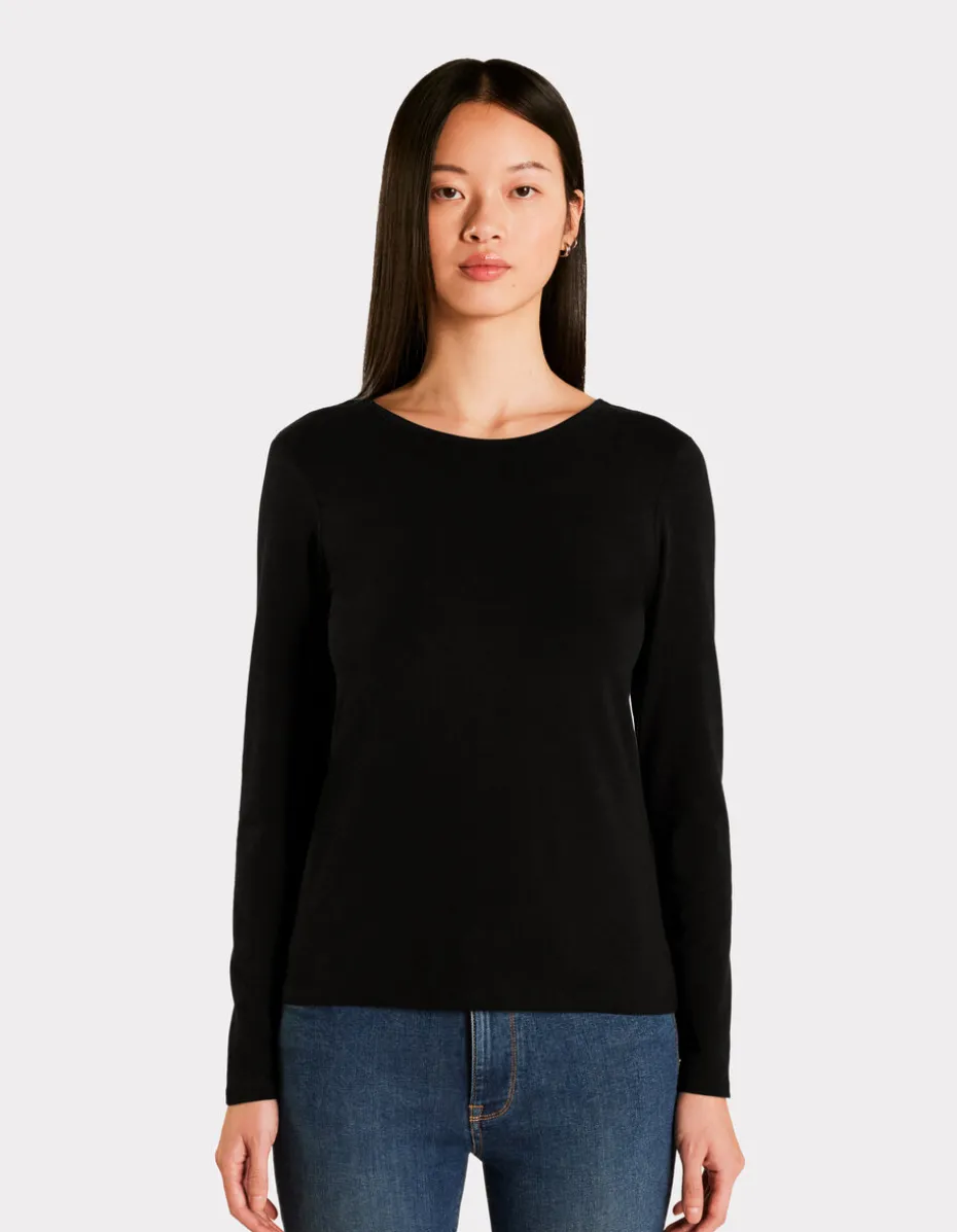 Getailleerd T-shirt met wijde halslijn - zwart