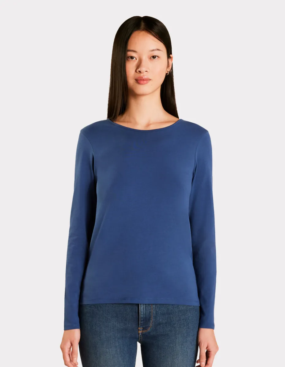 Getailleerd T-shirt met wijde halslijn - blauw