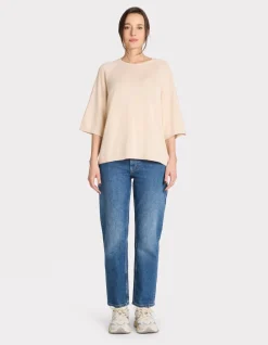 Katoenen trui met korte mouwen en ronde hals - beige
