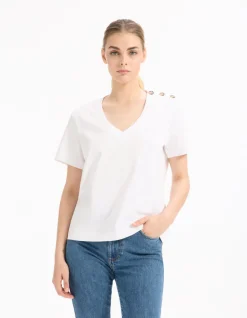 Katoenen T-shirt met knoopjes - wit