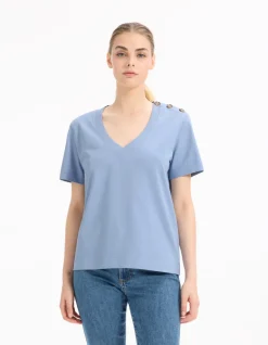 Katoenen T-shirt met knopen - blauw