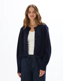 Kort effen gebreid gilet - marineblauw