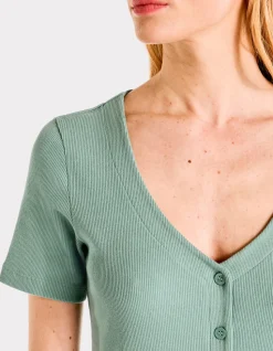 Lange geribbelde jurk met knoopjes - groen