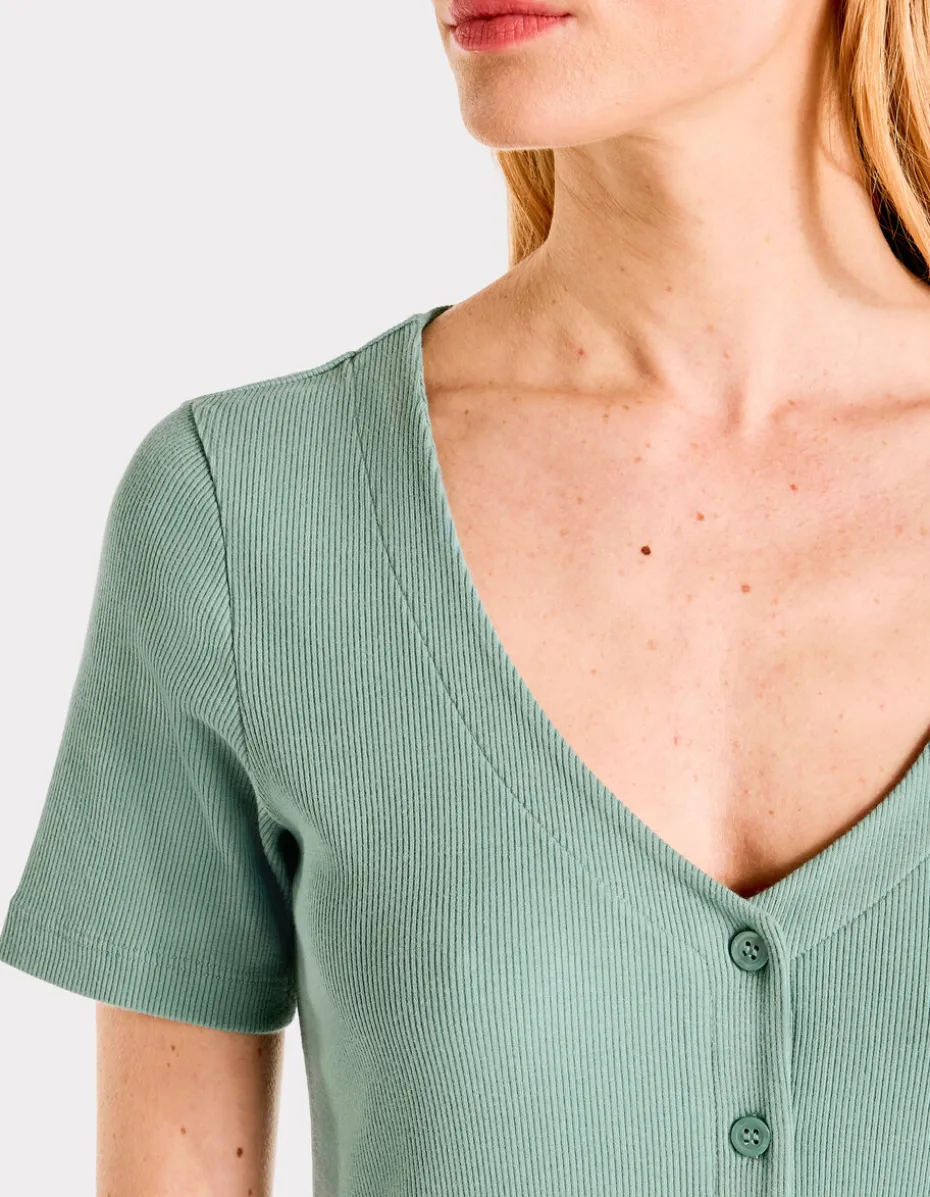 Lange geribbelde jurk met knoopjes - groen