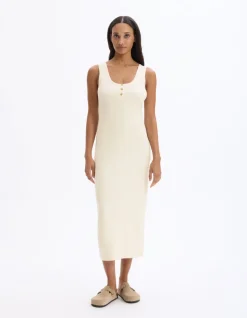 Lange geribbelde katoenen jurk - beige