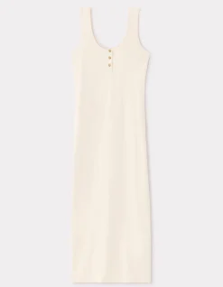 Lange geribbelde katoenen jurk - beige