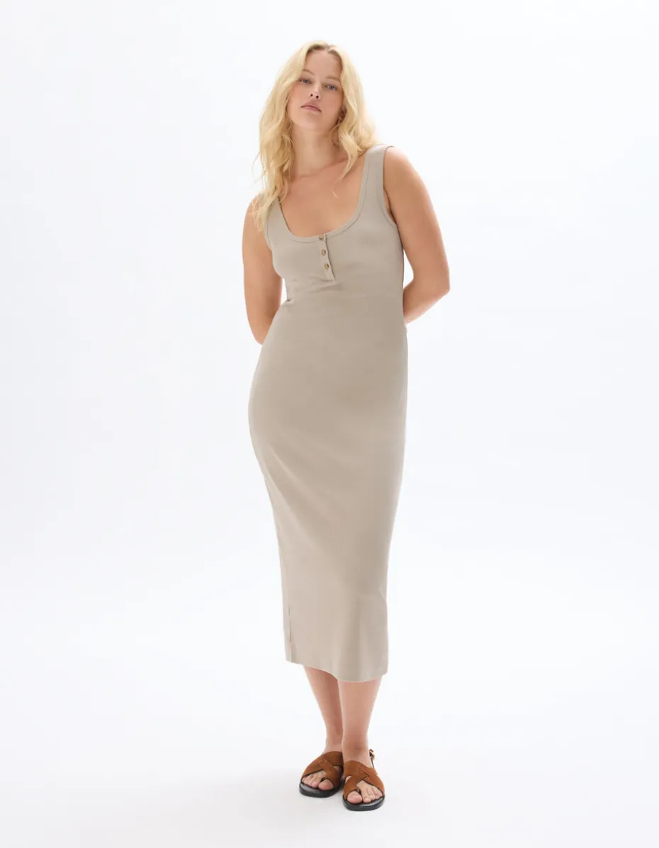 Lange geribbelde katoenen jurk - beige