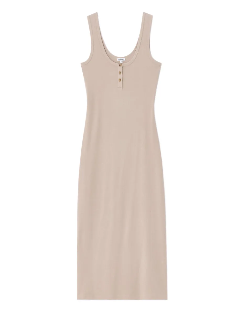 Lange geribbelde katoenen jurk - beige