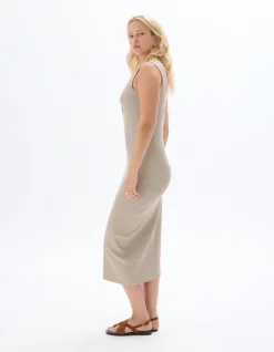 Lange geribbelde katoenen jurk - beige