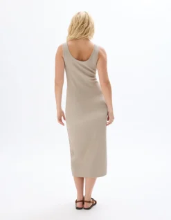 Lange geribbelde katoenen jurk - beige