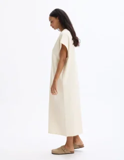 Lange mouwloze katoenen jurk - beige
