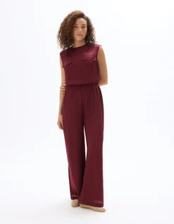 Losvallende satijnen broek - aubergine