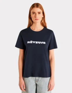 Metallic T-shirt met ronde hals en print - marineblauw