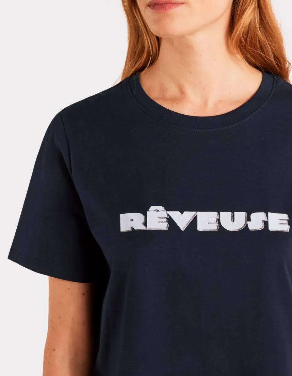 Metallic T-shirt met ronde hals en print - marineblauw