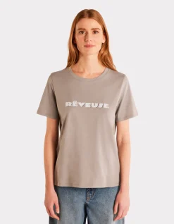 Metallic T-shirt met ronde hals en print - Grijs