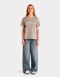 Metallic T-shirt met ronde hals en print - Grijs