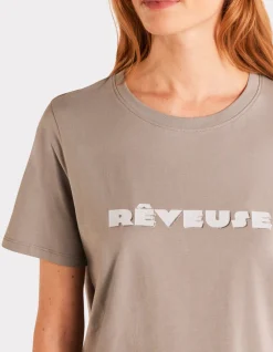 Metallic T-shirt met ronde hals en print - Grijs