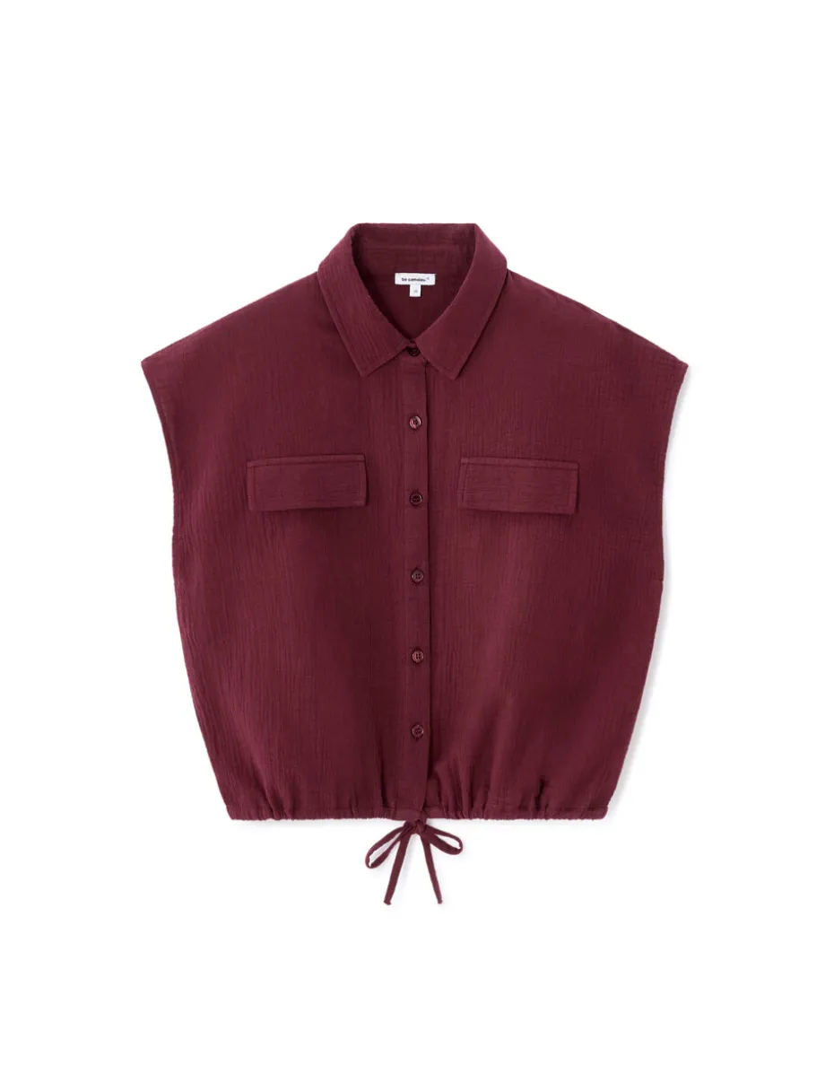 Mouwloze katoenen blouse van gaas - bordeauxrood