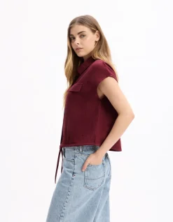 Mouwloze katoenen blouse van gaas - bordeauxrood