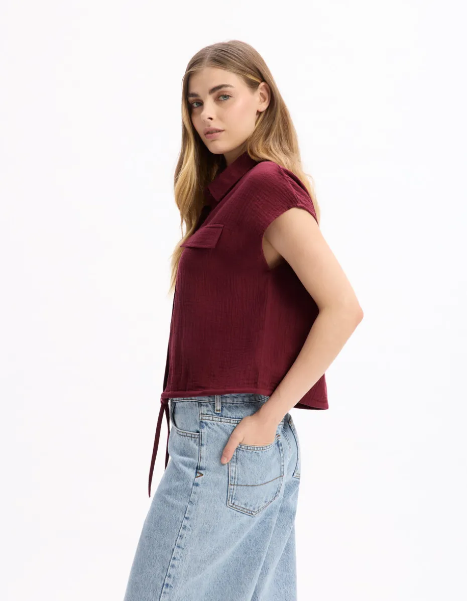 Mouwloze katoenen blouse van gaas - bordeauxrood