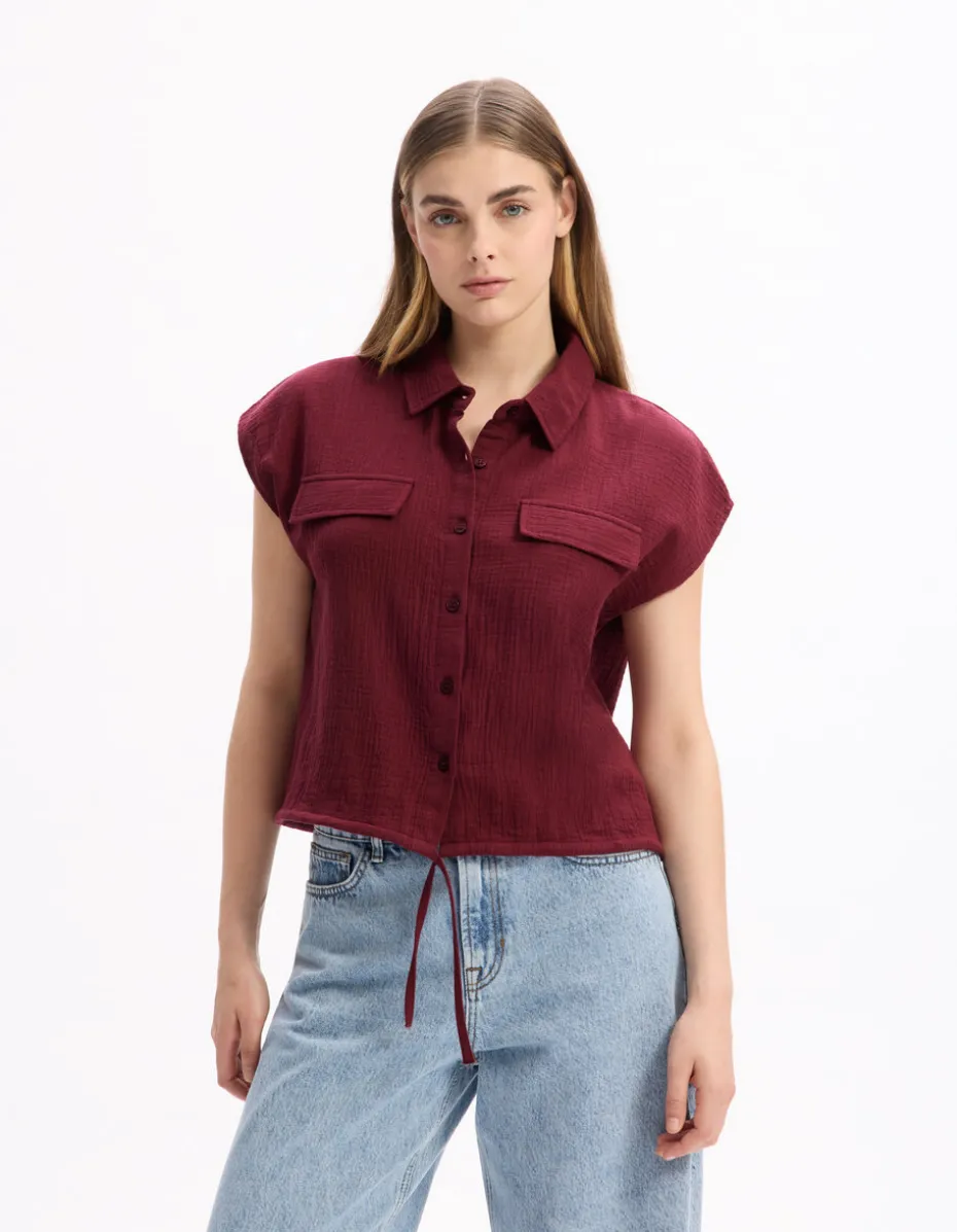 Mouwloze katoenen blouse van gaas - bordeauxrood