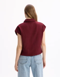 Mouwloze katoenen blouse van gaas - bordeauxrood