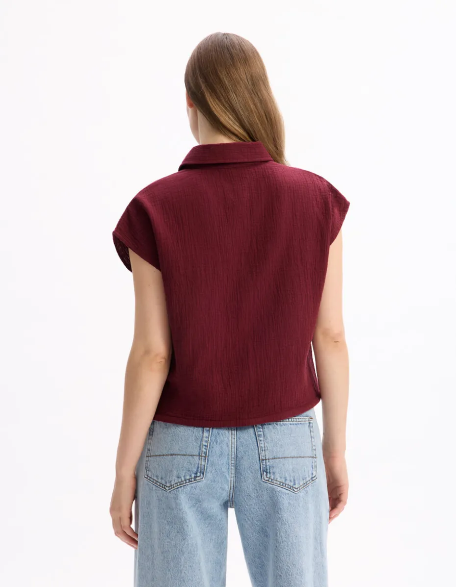 Mouwloze katoenen blouse van gaas - bordeauxrood