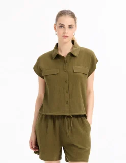 Mouwloze katoenen blouse van gaas - groen