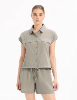 Mouwloze katoenen blouse van gaas - grijs