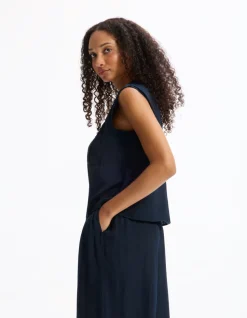 Mouwloze satijnen blouse - marineblauw