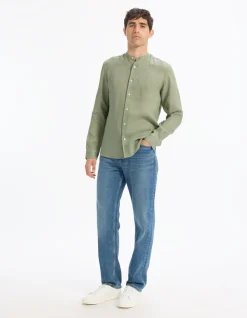 Overhemd regular mao kraag 100% linnen - kaki