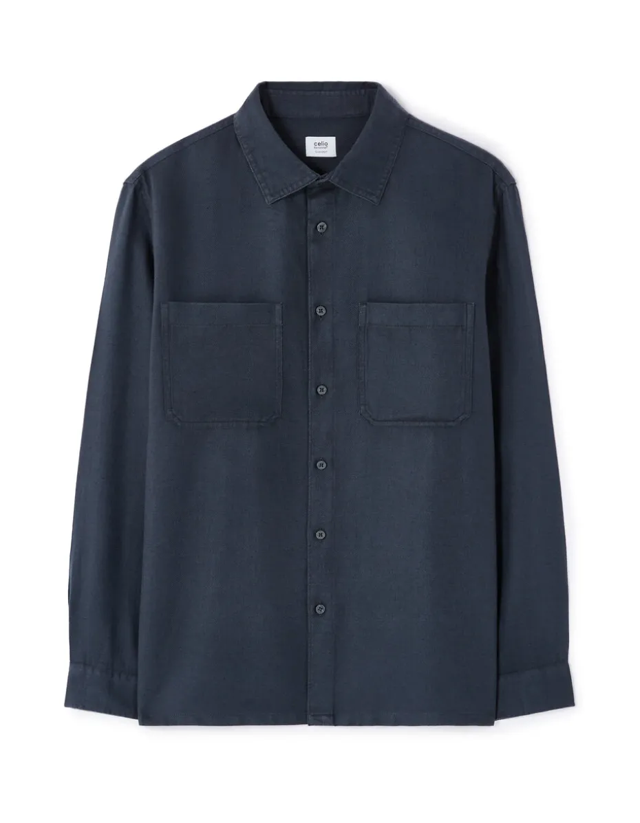 Overhemd van TENCEL™ Lyocell en linnen - marineblauw