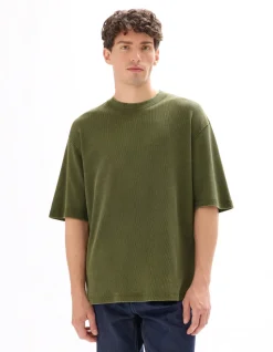 Oversize T-shirt met ronde hals in 100% katoen met wafelstructuur - kaki