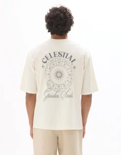Oversize T-shirt, ronde hals, 100% katoen, met astro print - ecru
