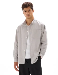 Oversized gestreept popeline shirt - beige