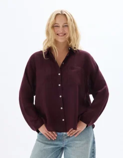 Oversized linnen overhemd - bordeauxrood