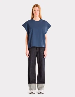 Oversized mouwloos dik katoenen t-shirt - blauw