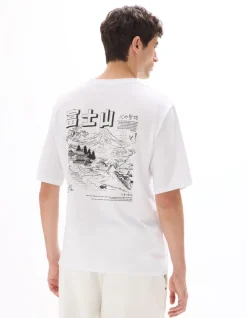 Oversized T-shirt met ronde hals, Aziatische print, 100% katoen - Wit
