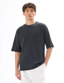 Oversized T-shirt ronde hals 100% gewafeld katoen - zwart