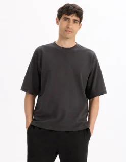 Oversized T-shirt van katoenmix met ronde hals - antraciet