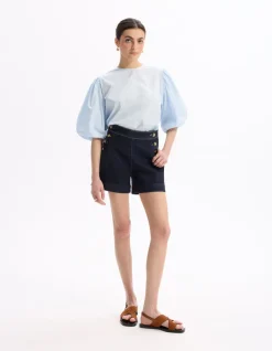 Platte shorts met decoratieve knopen - denim