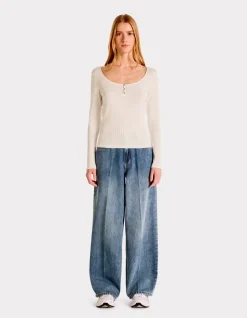 Pointelle gebreid T-shirt - ecru