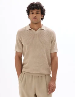 Regular fit gebreide polo 100% katoen - zandkleur